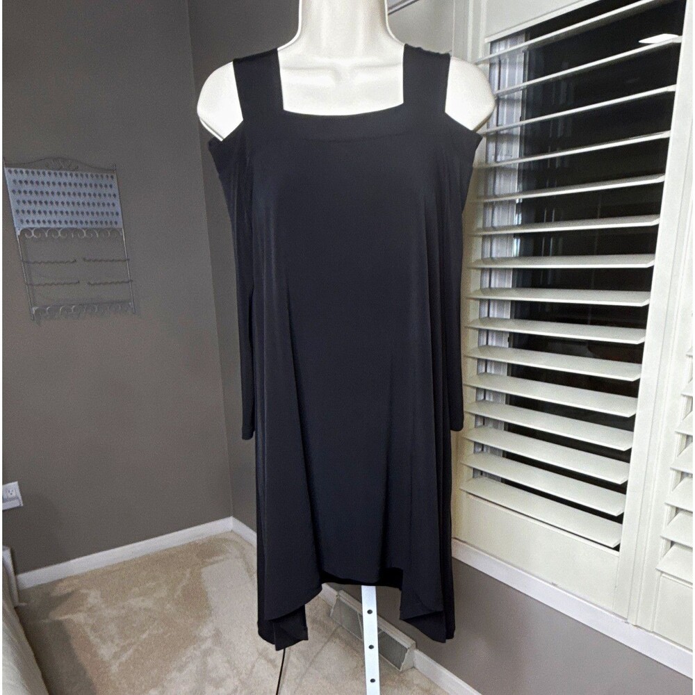 Chico's Black Square Neck Cold Shoulder Shift Dress Stretch Size SM
